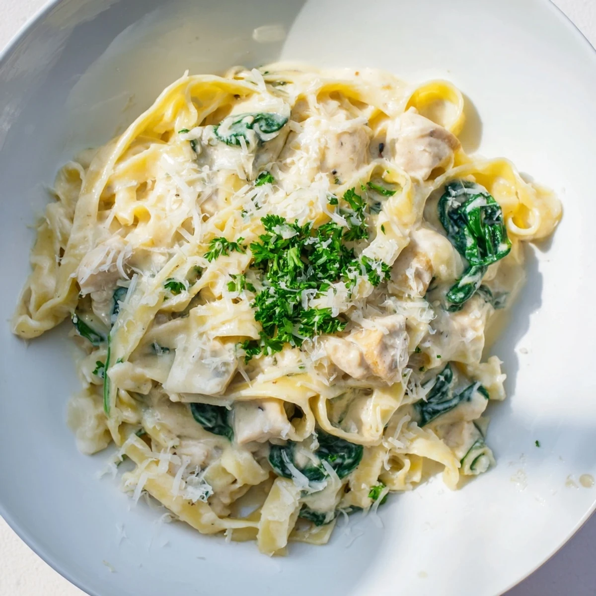 Close-up of vibrant creamy spinach fettuccine Alfredo, ready to serve with Parmesan and parsley.