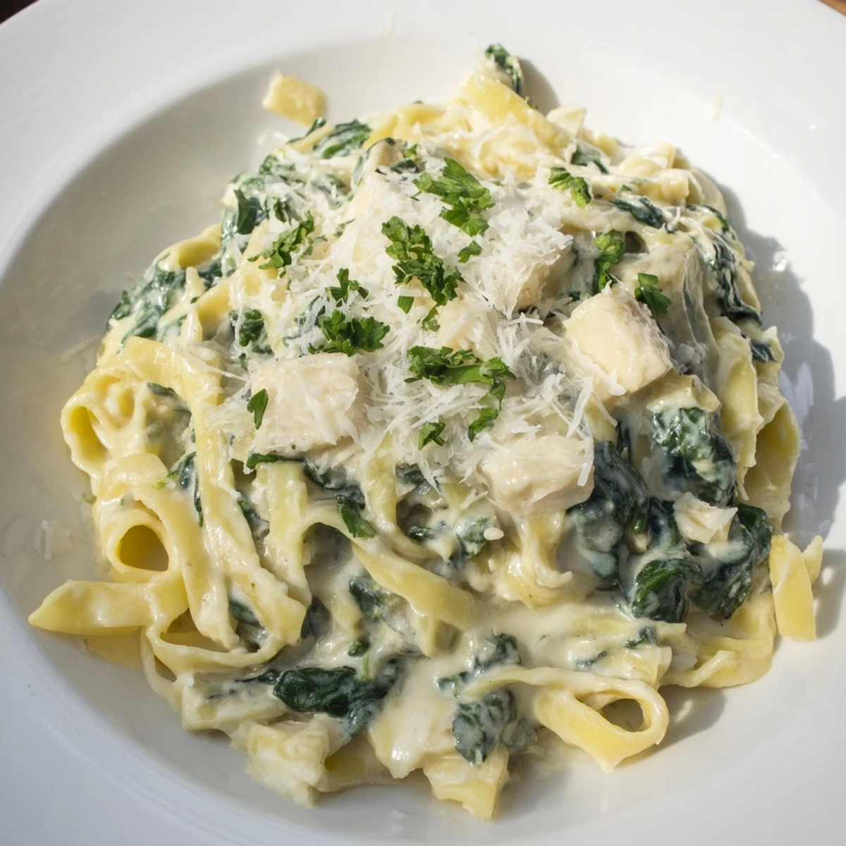 Spoonful of rich creamy spinach fettuccine Alfredo, a comforting Italian-American pasta dish.