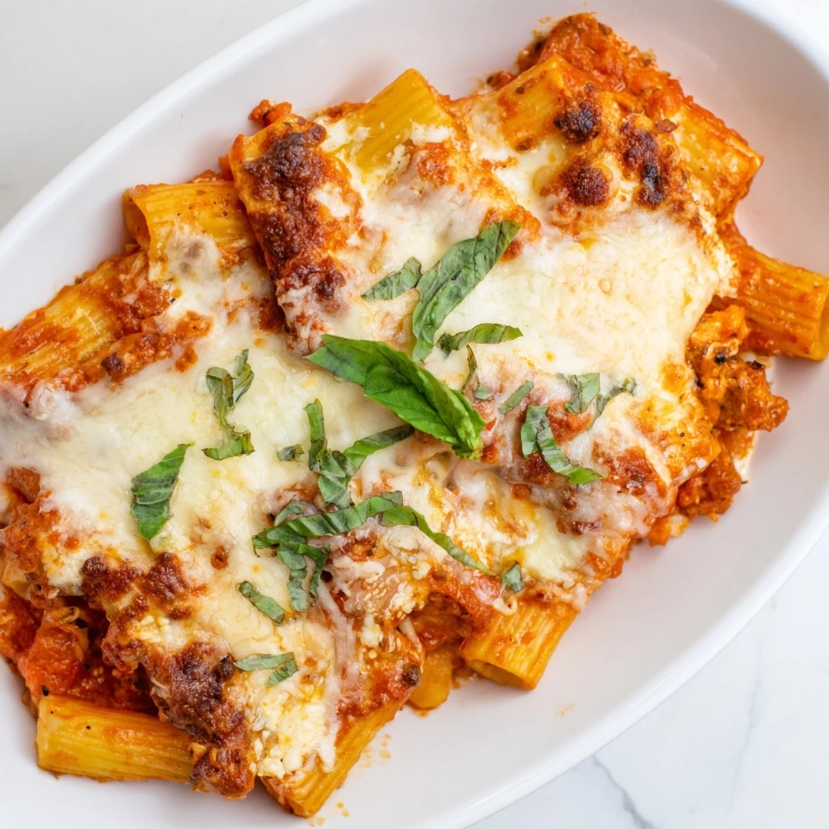 Golden-brown Four Cheese Baked Pasta, bubbly and delicious, ready for a comforting Italian meal tonight.