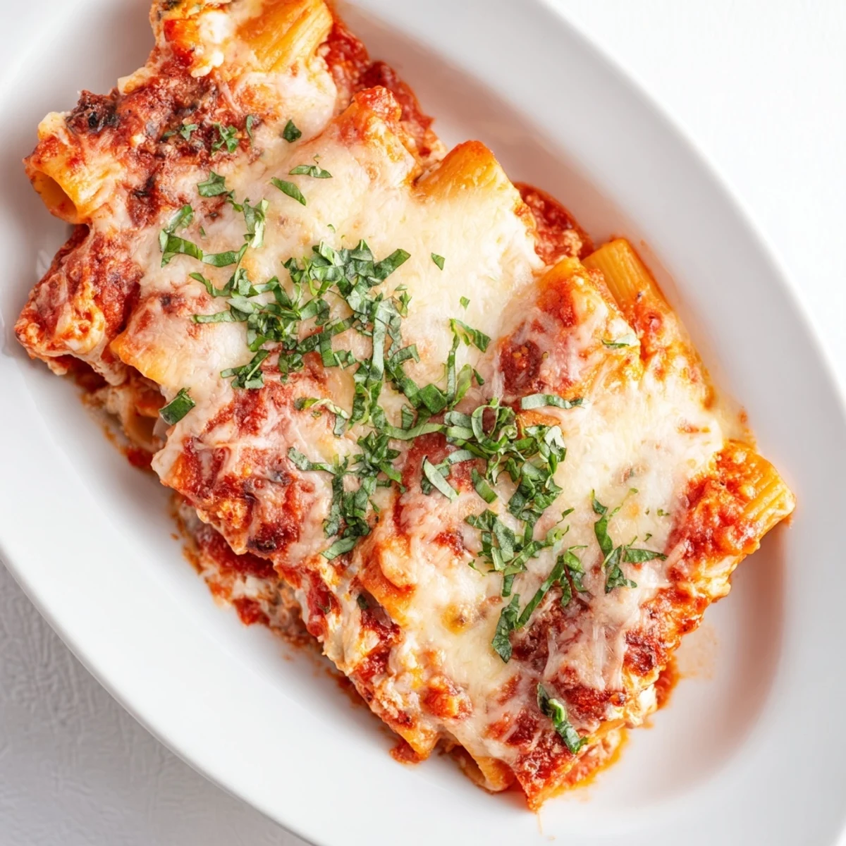 A close-up of cheesy Four Cheese Baked Pasta, the aroma of garlic and basil wafting from the casserole.