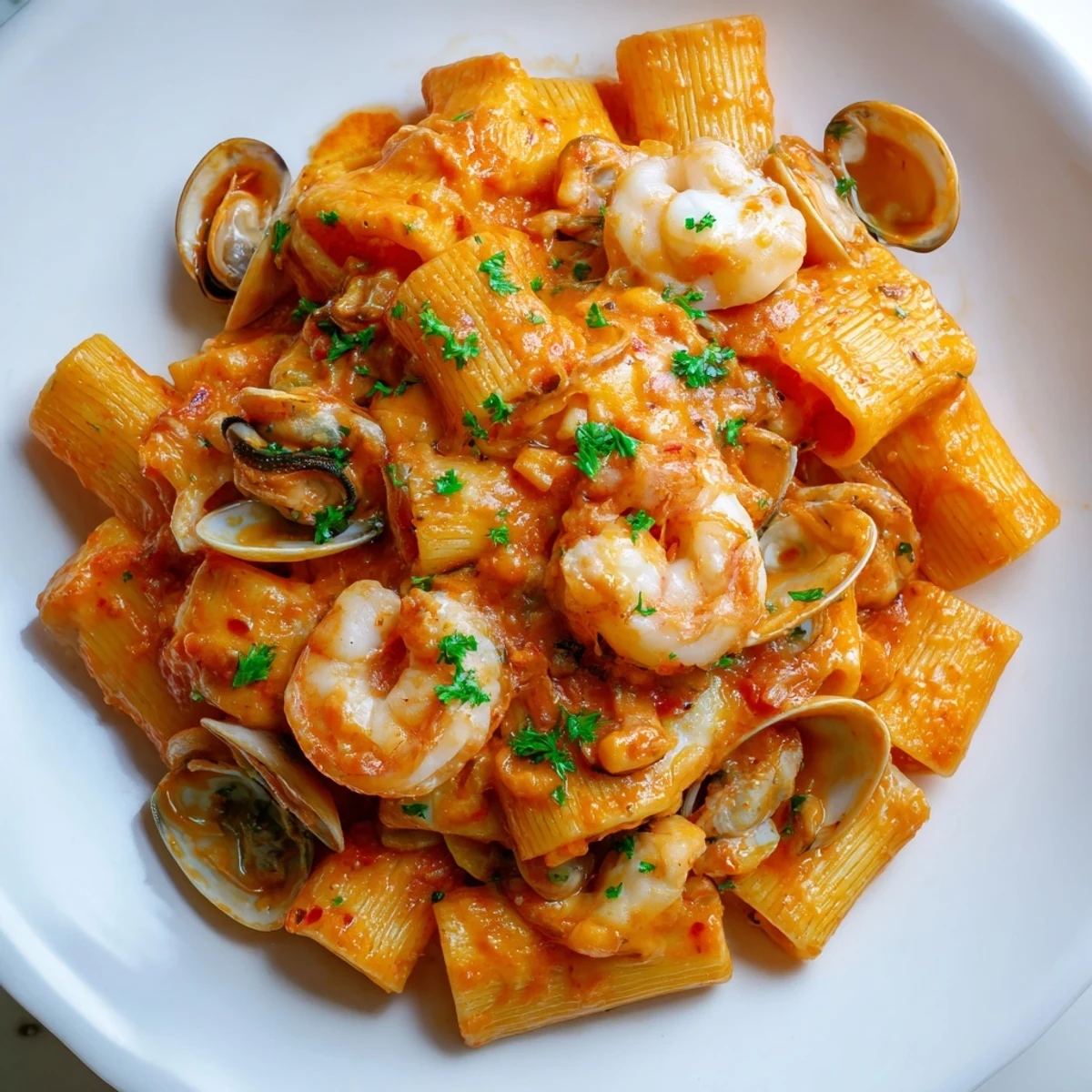 Creamy seafood pasta bake with mixed shellfish, baked in a rich tomato sauce, topped with melted cheese.