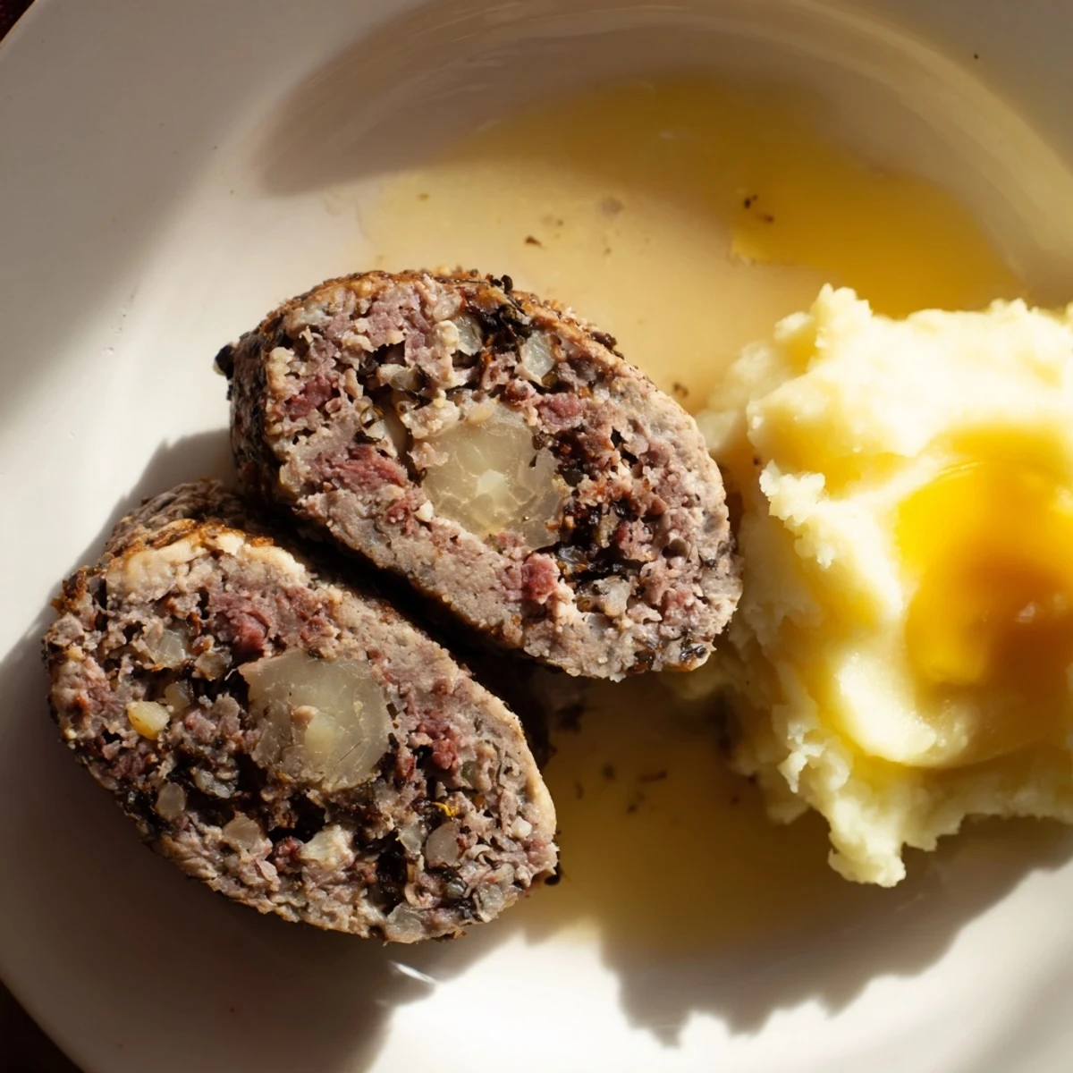 A steaming plate of Scottish haggis, savory and spiced, served with creamy mashed potatoes.