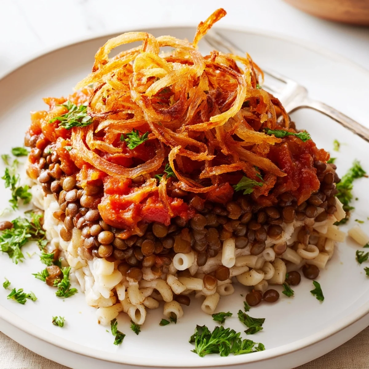 A colorful photo showcases a flavorful bowl of Egyptian Koshari, layered with textures and spices.