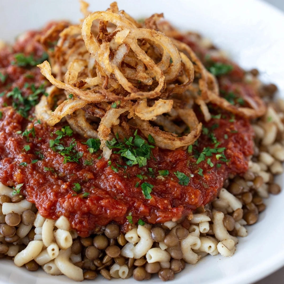 Steaming hot, this Egyptian Koshari recipe features crispy onions and a rich tomato sauce, ready to serve.