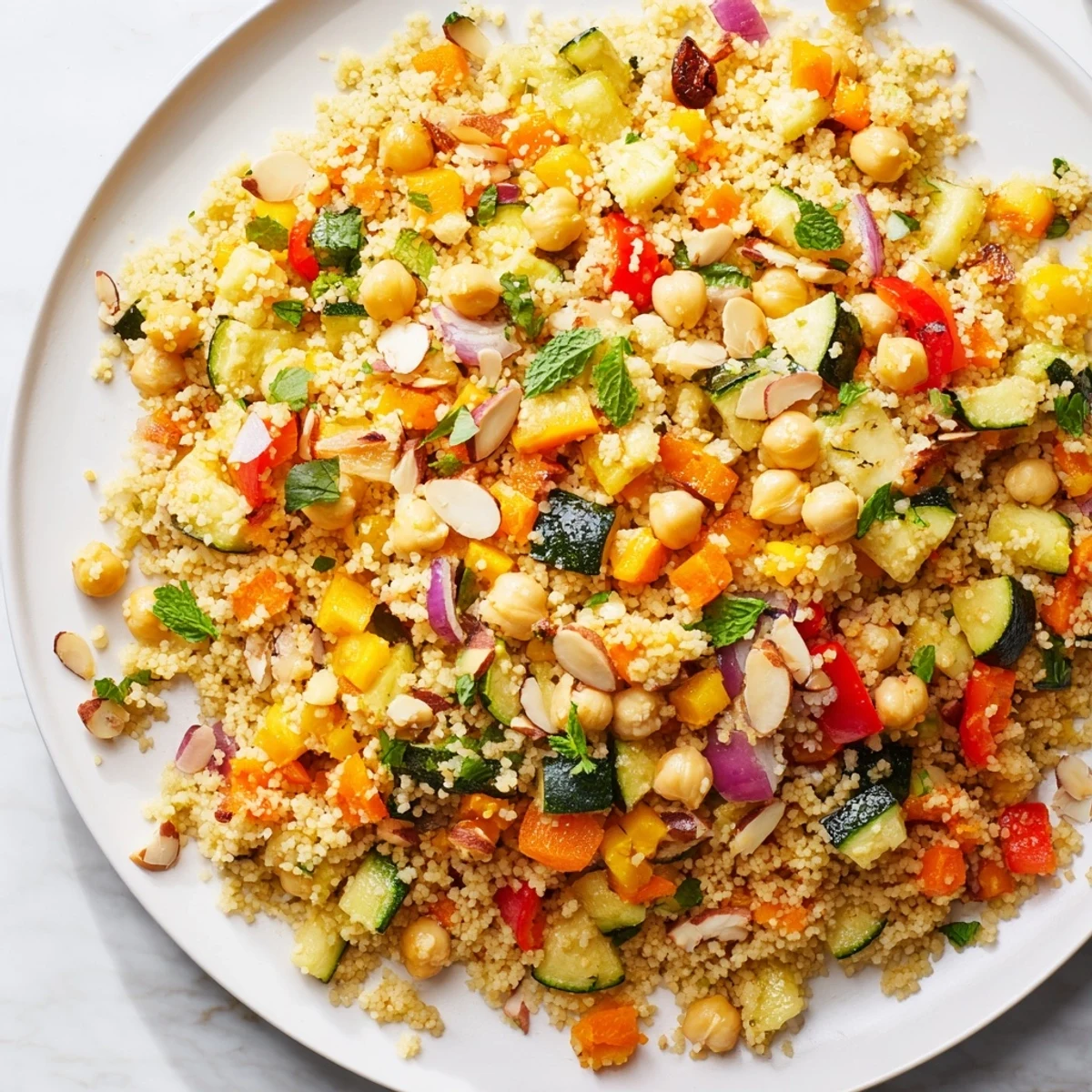 A colorful Moroccan couscous salad boasts roasted vegetables, herbs, and lemon dressing's vibrant flavors.