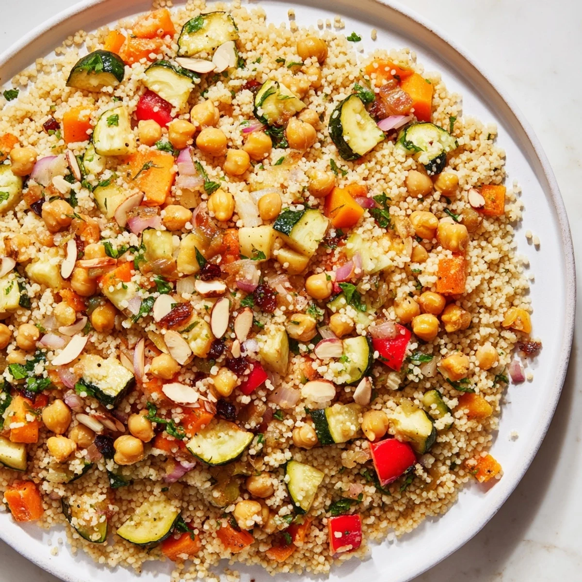 Bright, fluffy Moroccan couscous salad features golden roasted veggies, fresh herbs, and a tangy dressing.
