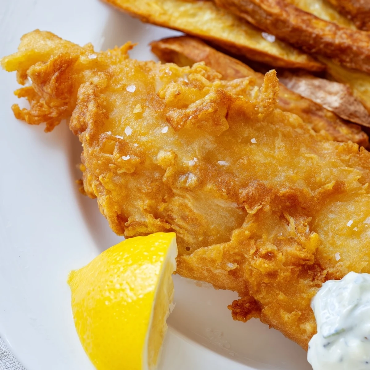 Golden-brown British fish & chips, a crispy delight, served with thick-cut fries and malt vinegar.