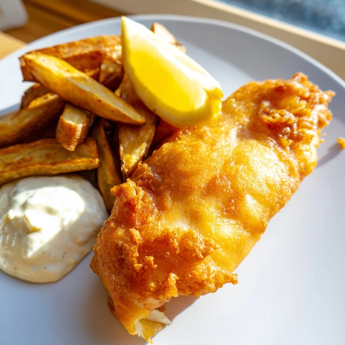 Close-up of freshly fried British fish & chips, with flaky cod and perfectly golden, crunchy fries.