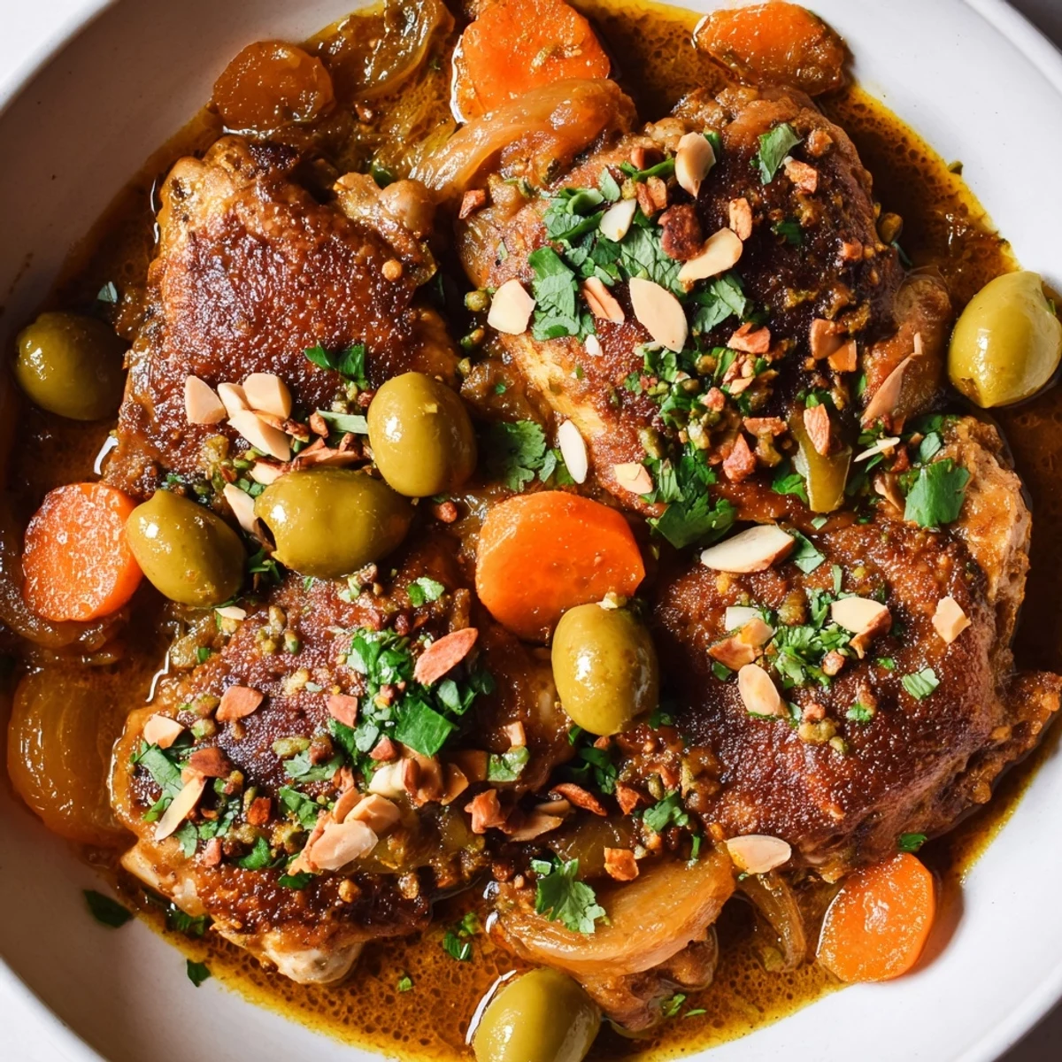 A steaming bowl of Moroccan tagine chicken with golden apricots and savory olives ready to eat.