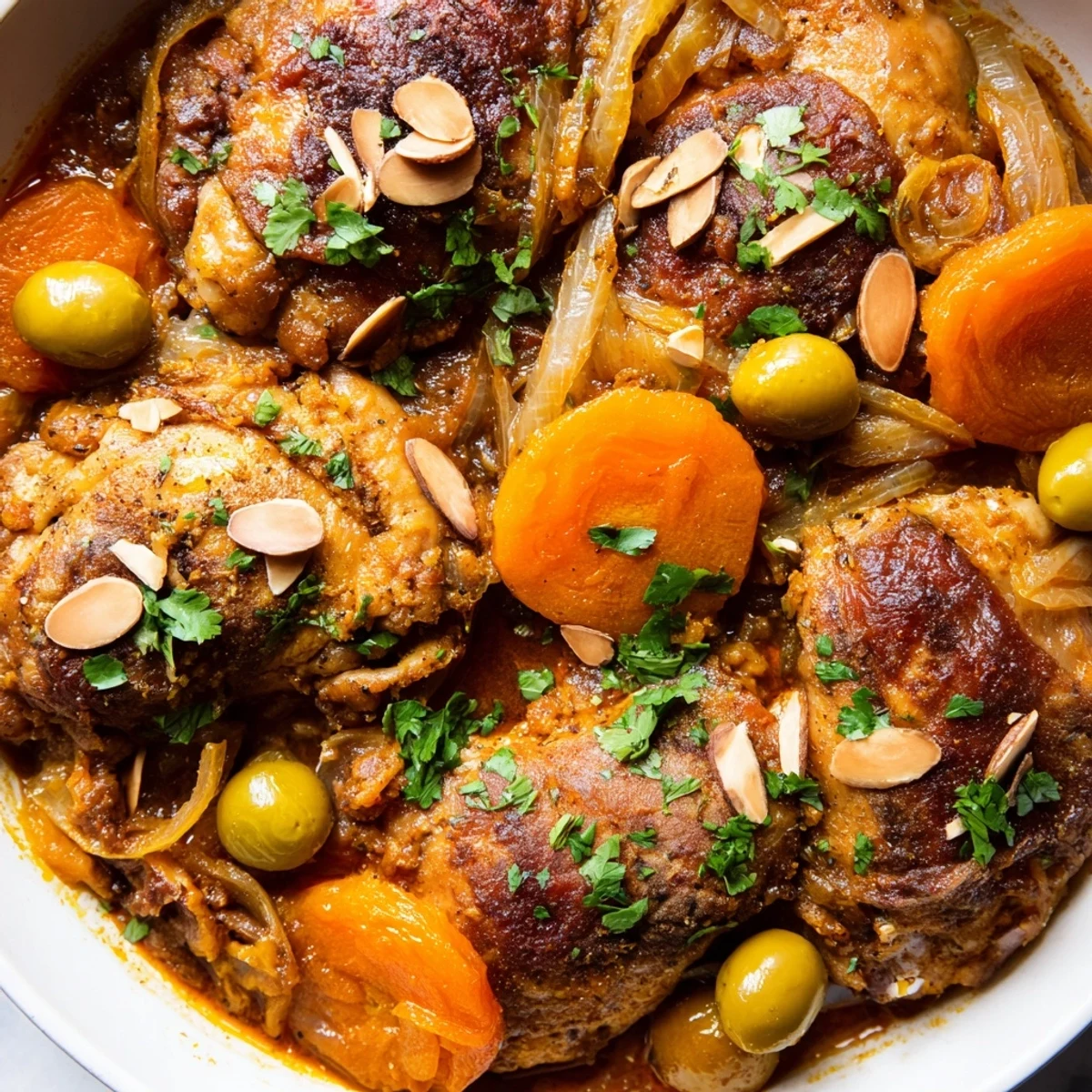 Close up of slow-cooked Moroccan tagine chicken, showcasing tender chicken pieces and vibrant spices.
