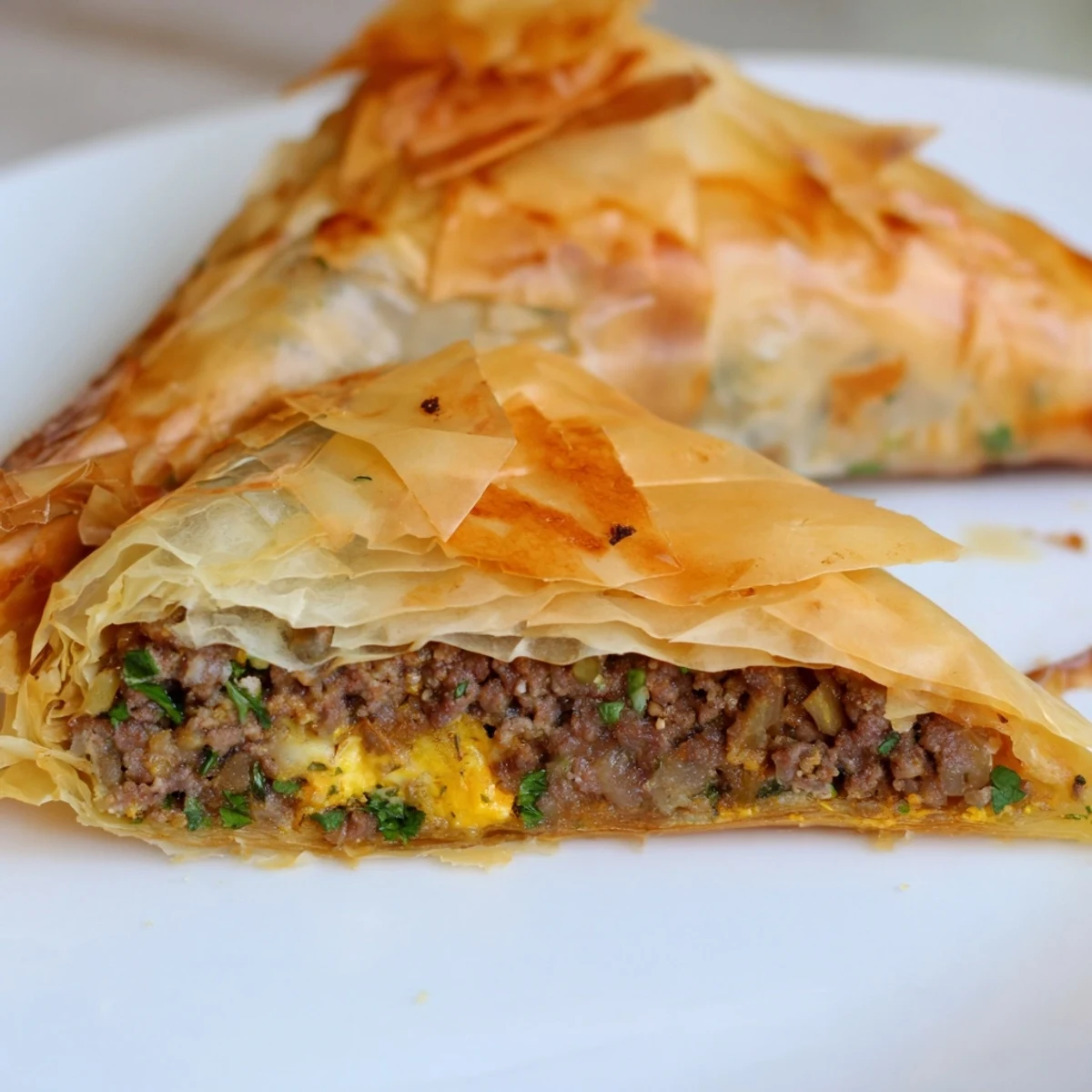 Golden, crispy Tunisian brik pastry bursting with a soft egg and savory meat filling.