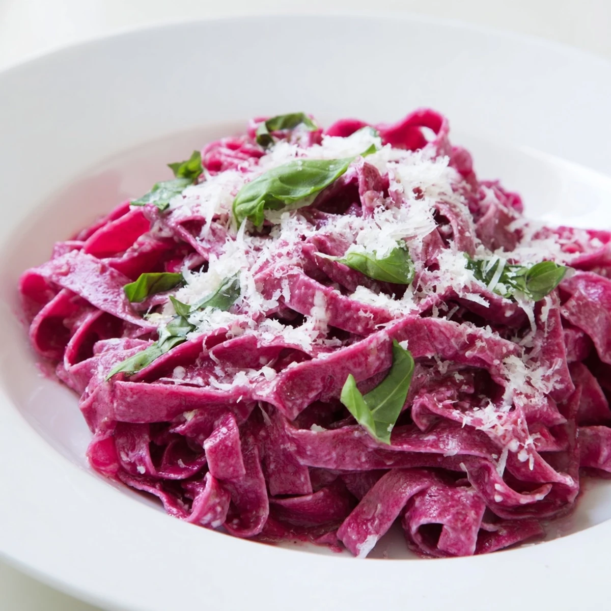Vibrant magenta beet noodle pasta, freshly cooked and tossed with olive oil, showcasing its earthy, sweet flavor and tender texture.  