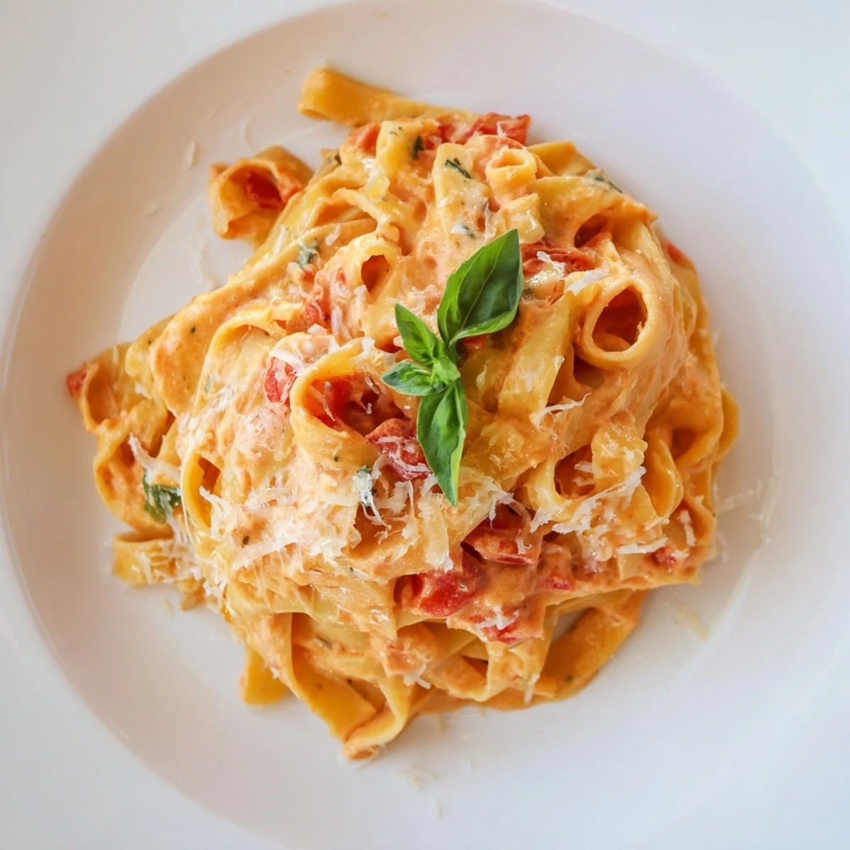 Roasted Garlic Pasta Sauce, a creamy and golden Italian main dish, served over spaghetti with fresh basil garnish.  