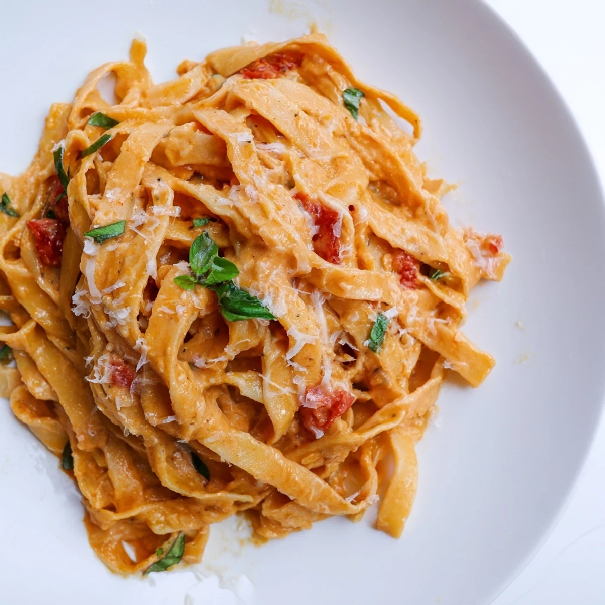 Silky Roasted Garlic Pasta Sauce coats linguine in a skillet, steaming with aromatic basil and a drizzle of olive oil.