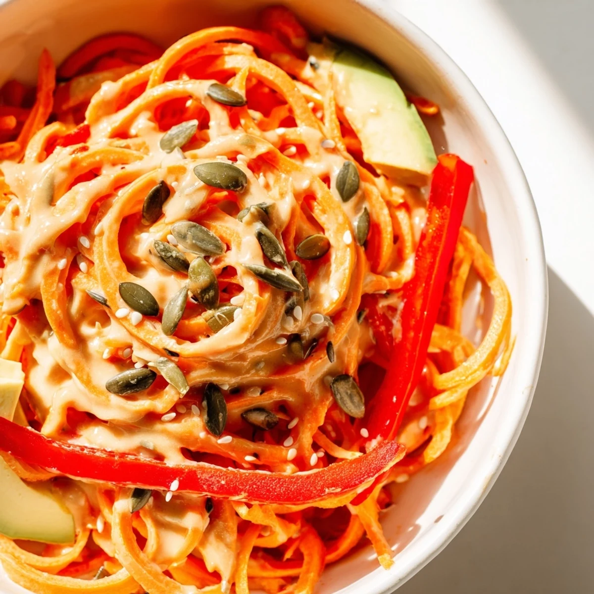 A vibrant Carrot Noodle Skincare Bowl topped with crisp vegetables, creamy avocado, and a drizzle of zesty tahini-lime dressing.