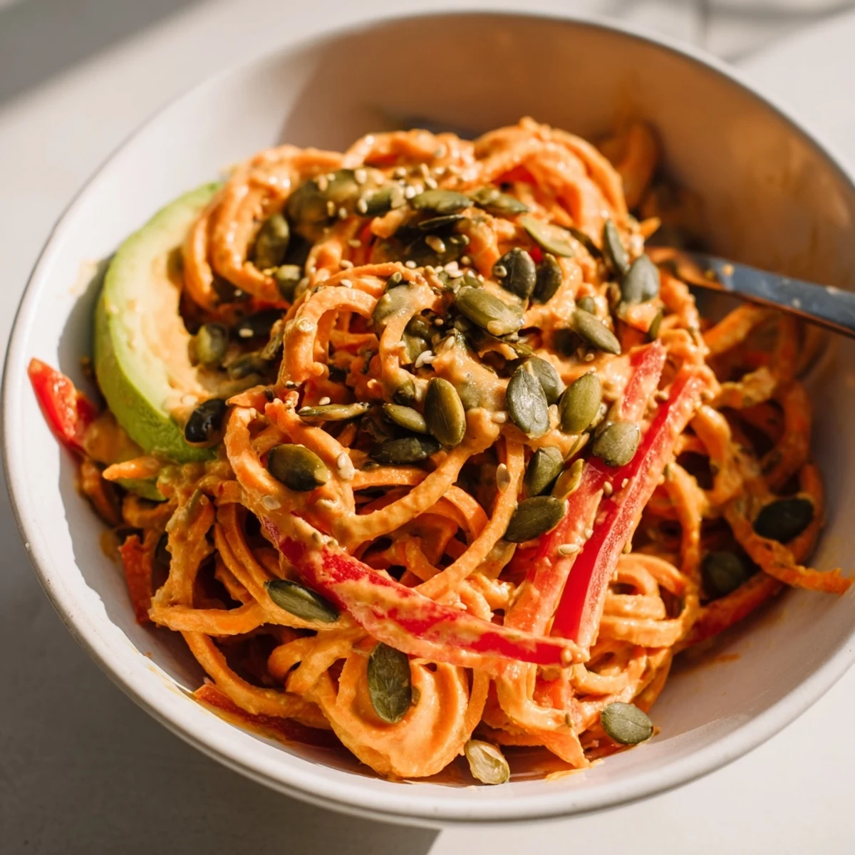 Serving a refreshing Carrot Noodle Skincare Bowl with crunchy sesame seeds and pumpkin seeds on a bed of fresh vegetables.