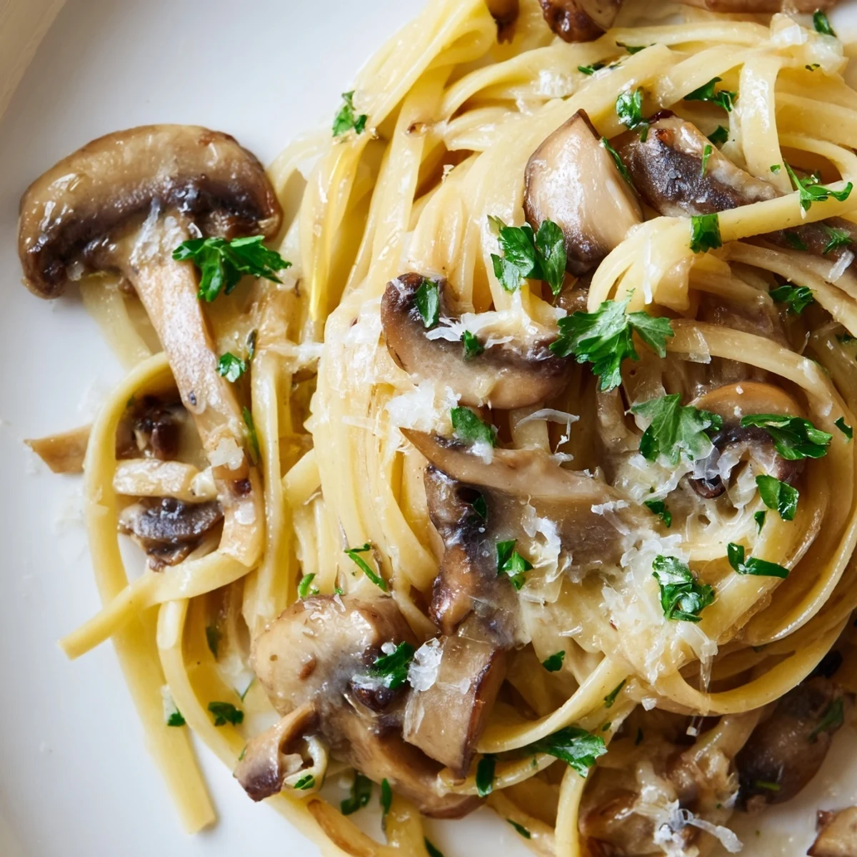 Close-up of creamy mushroom linguine with tender mushroom pieces, melted Parmesan, and a glossy light cream coating.