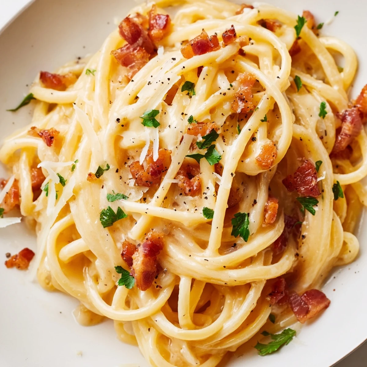 Crispy Bacon Linguine served with fresh parsley and grated Parmesan on a rustic wooden table, steam rising from silky pasta strands.