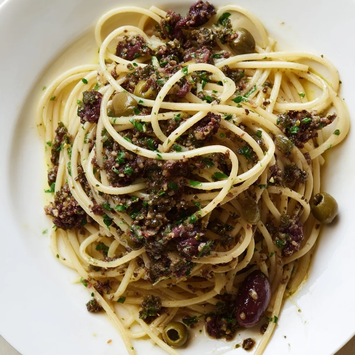 Savory olive tapenade pasta served on a white plate, showcasing a glossy sauce of olives, capers, and garlic, perfect for a quick and easy vegetarian dinner.