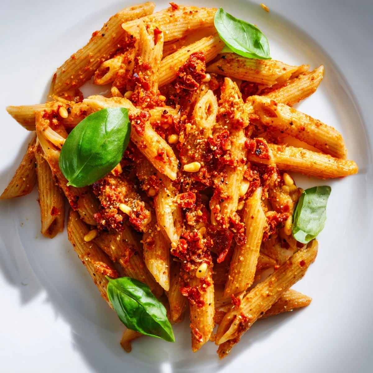 A close-up of al dente pasta tossed with vibrant red sun-dried tomato pesto, pine nuts, and a drizzle of olive oil.