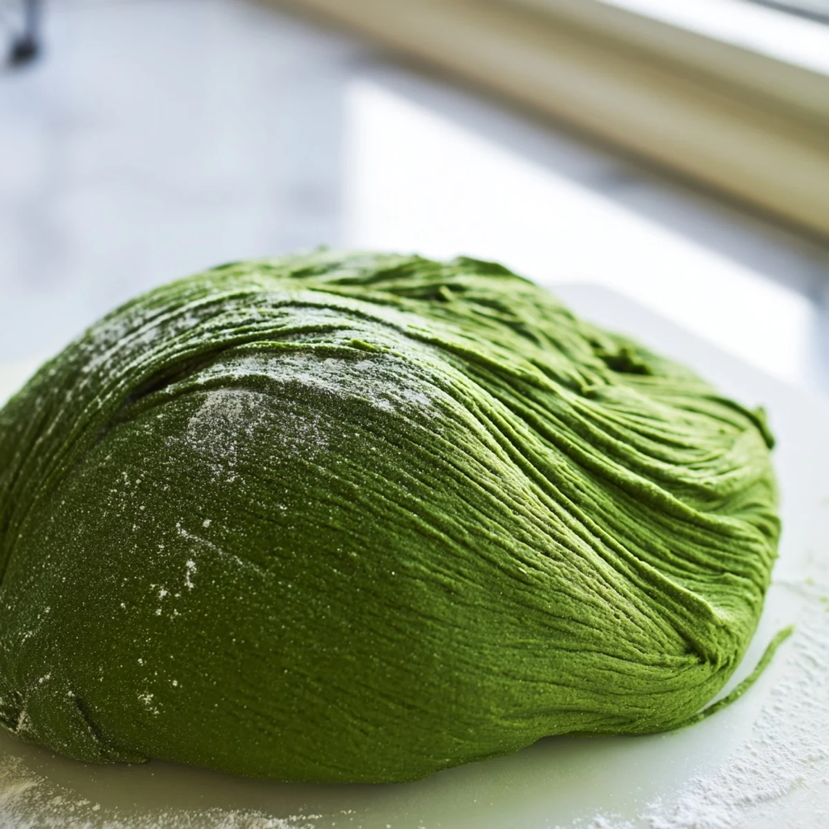 A vibrant green spinach pasta dough ball rests on a floured wooden board after kneading.