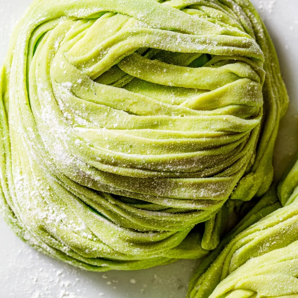 Homemade spinach pasta dough strands drying on a rack, ready for cooking.