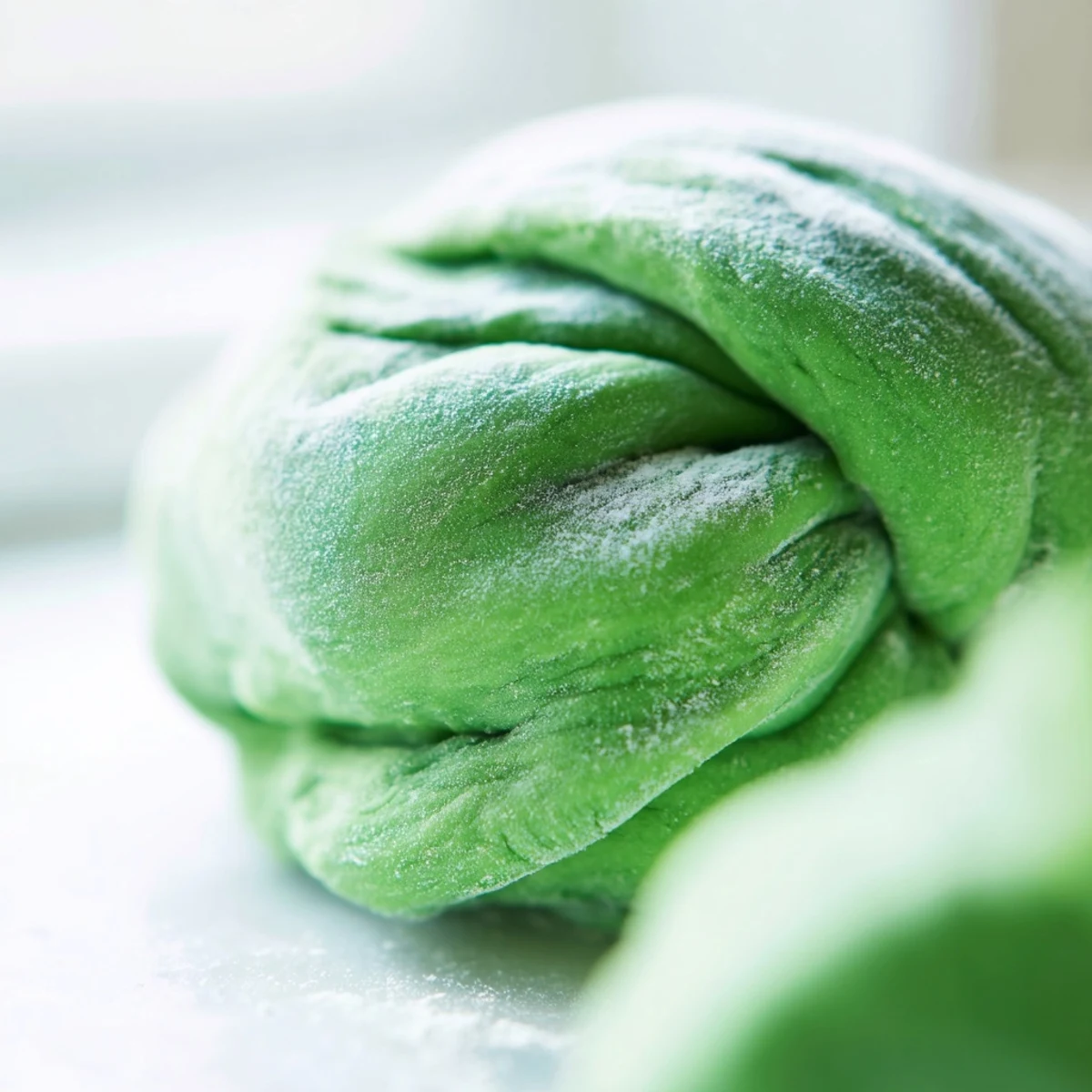 Fresh spinach pasta dough is rolled out thin on a marble countertop with a pasta machine.