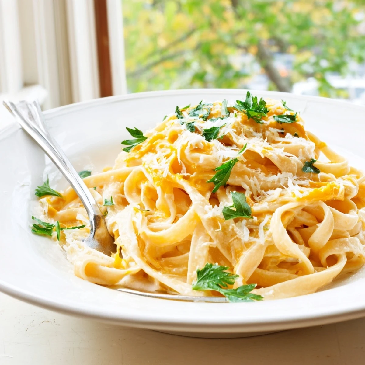 A close-up of Butternut Squash Pasta with Creamy Roasted Squash Sauce, showcasing silky noodles coated in vibrant orange sauce, finished with fresh parsley. 