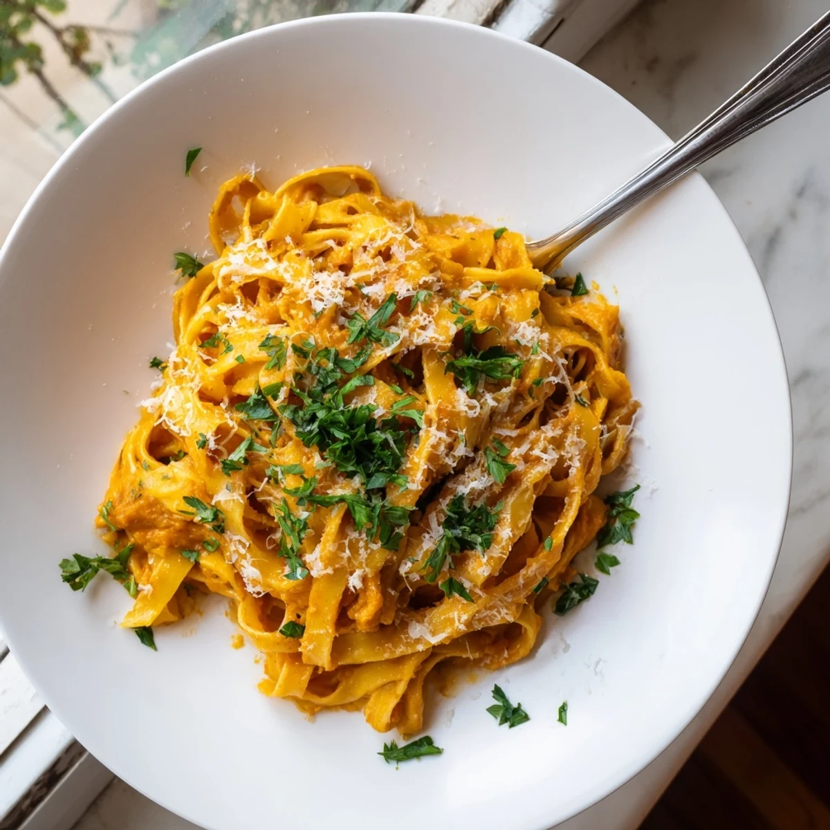 Steaming plate of Butternut Squash Pasta with Creamy Roasted Squash Sauce, garnished with fresh sage and Parmesan, served alongside a crisp salad for a cozy autumn meal. 