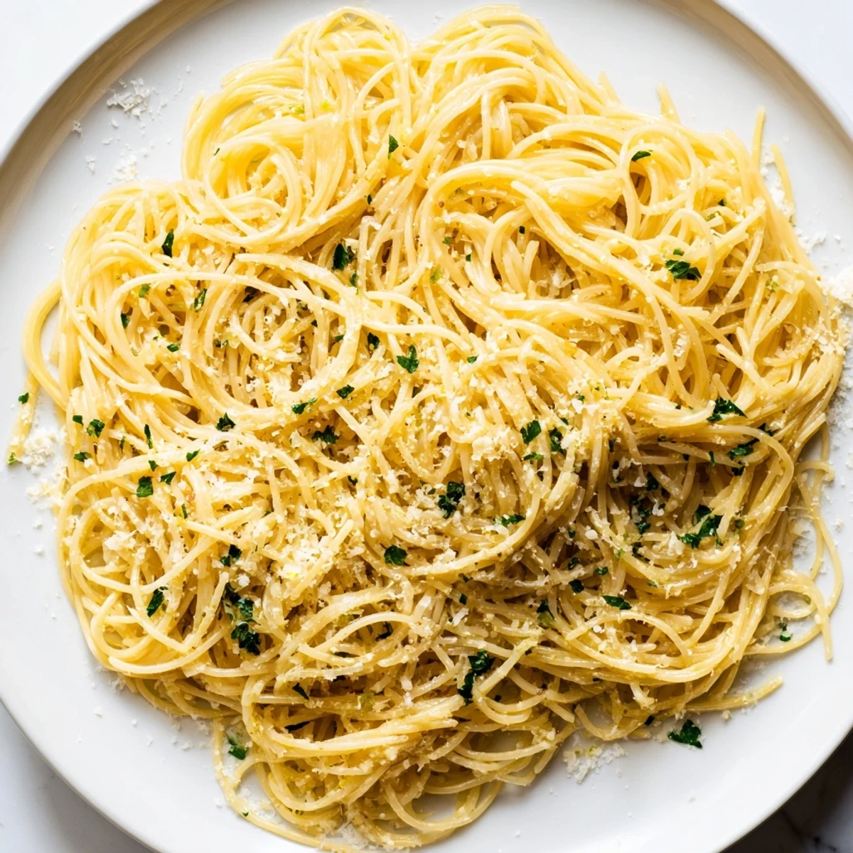 Bright, golden capellini coated in a silky lemon butter sauce, garnished with fresh parsley and grated Parmesan.  