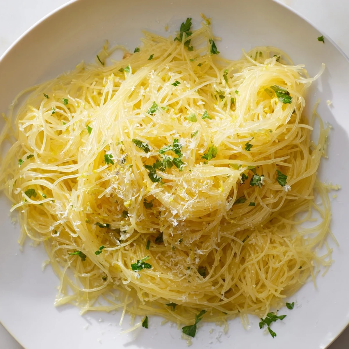 A close-up of tender angel hair pasta tossed in a vibrant lemon butter sauce with fresh parsley and cheese.  