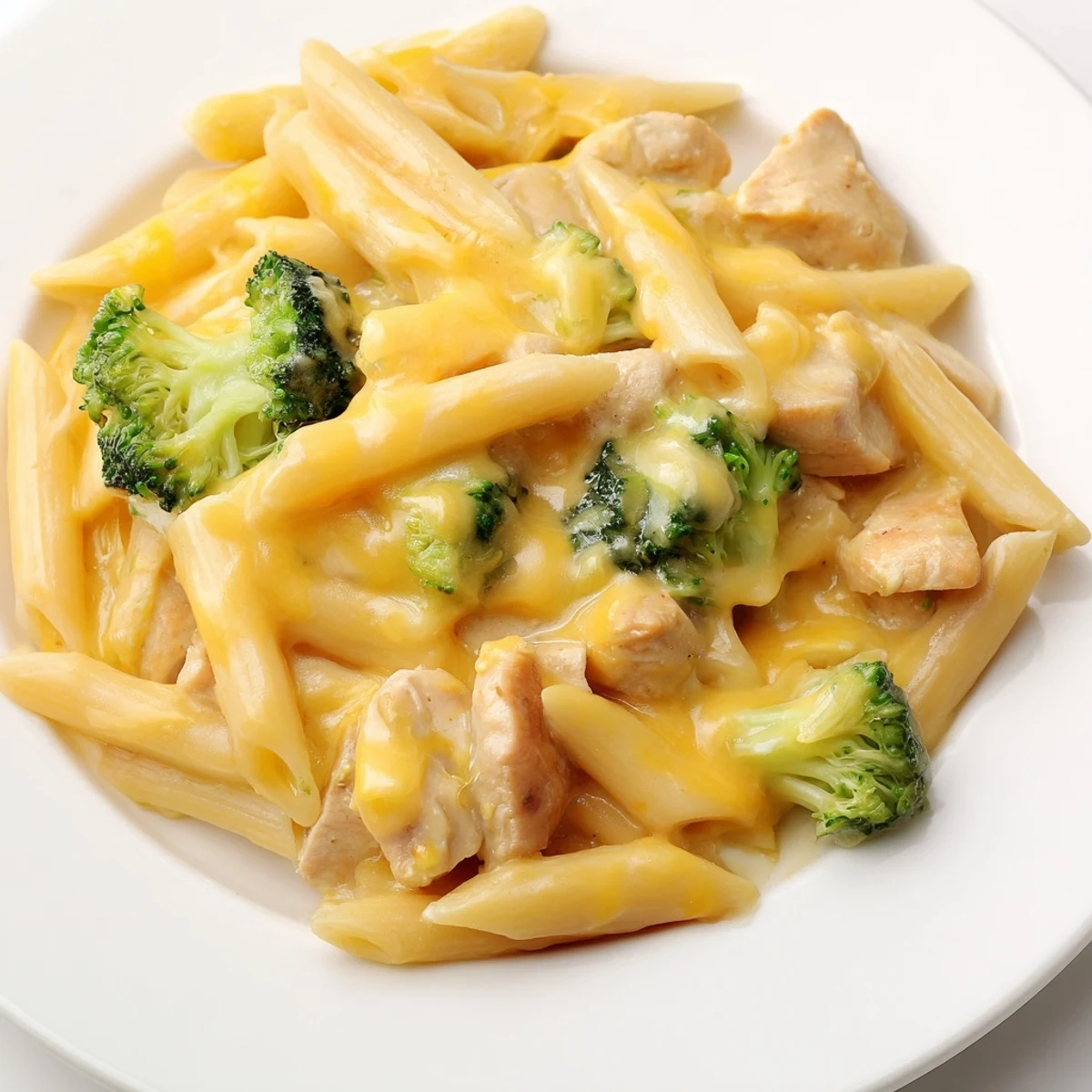 Creamy Chicken Broccoli Cheddar Pasta with tender chicken pieces, bright green broccoli florets, and rich cheese sauce in a skillet.  