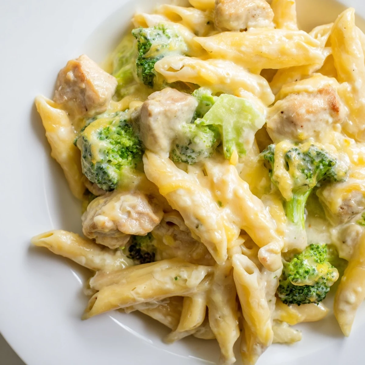Family-style skillet of Chicken Broccoli Cheddar Pasta featuring rotini noodles, sautéed chicken, and velvety cheddar sauce ready to serve.
