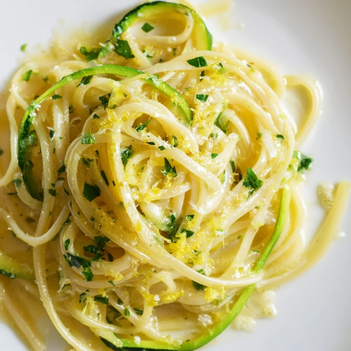 Close-up of warm Lemon Zucchini Pasta served on a white plate, featuring melted Parmesan and glistening lemon butter sauce ready for a quick weeknight meal.