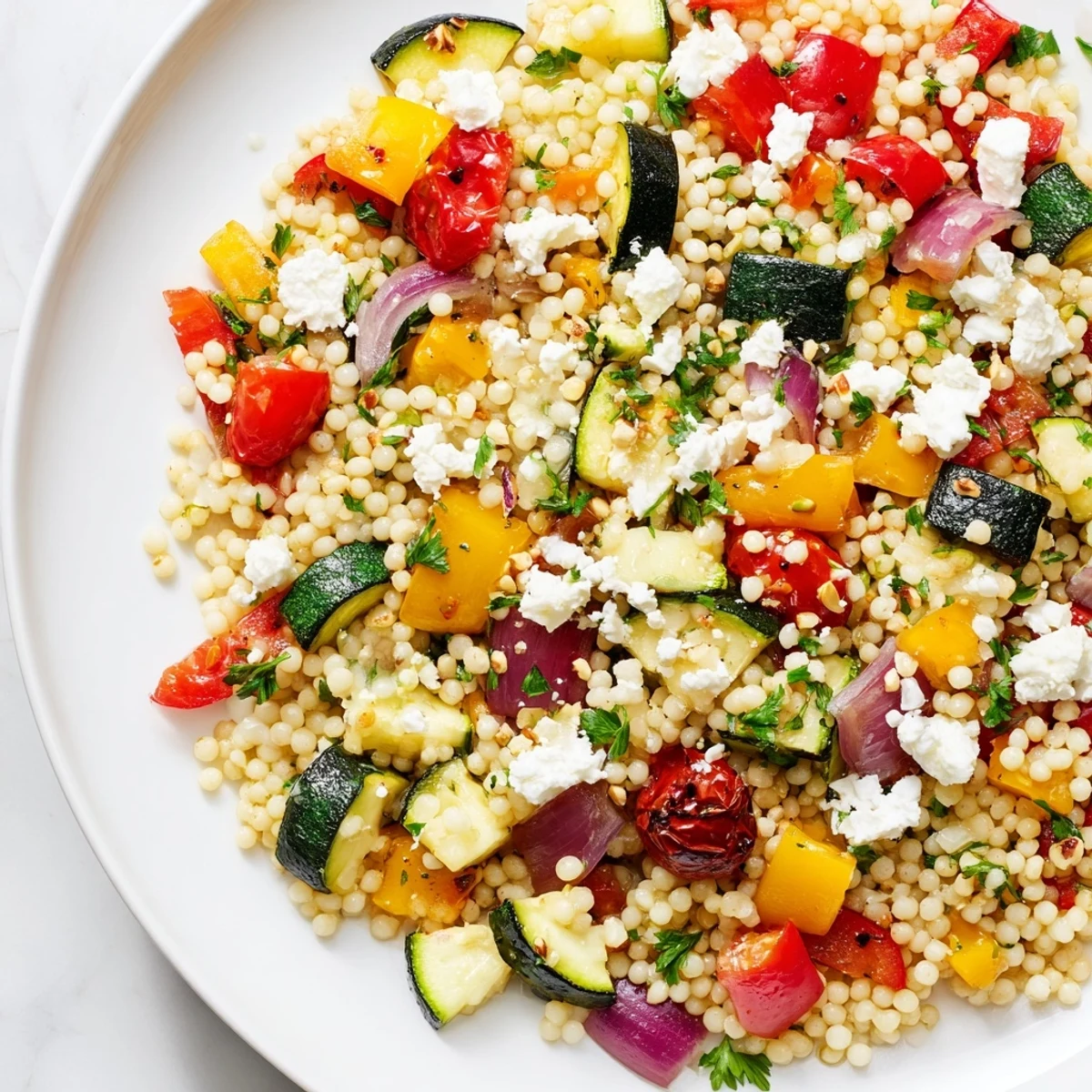 Roasted zucchini, bell peppers, and red onions tossed in couscous with a zesty lemon dressing.  