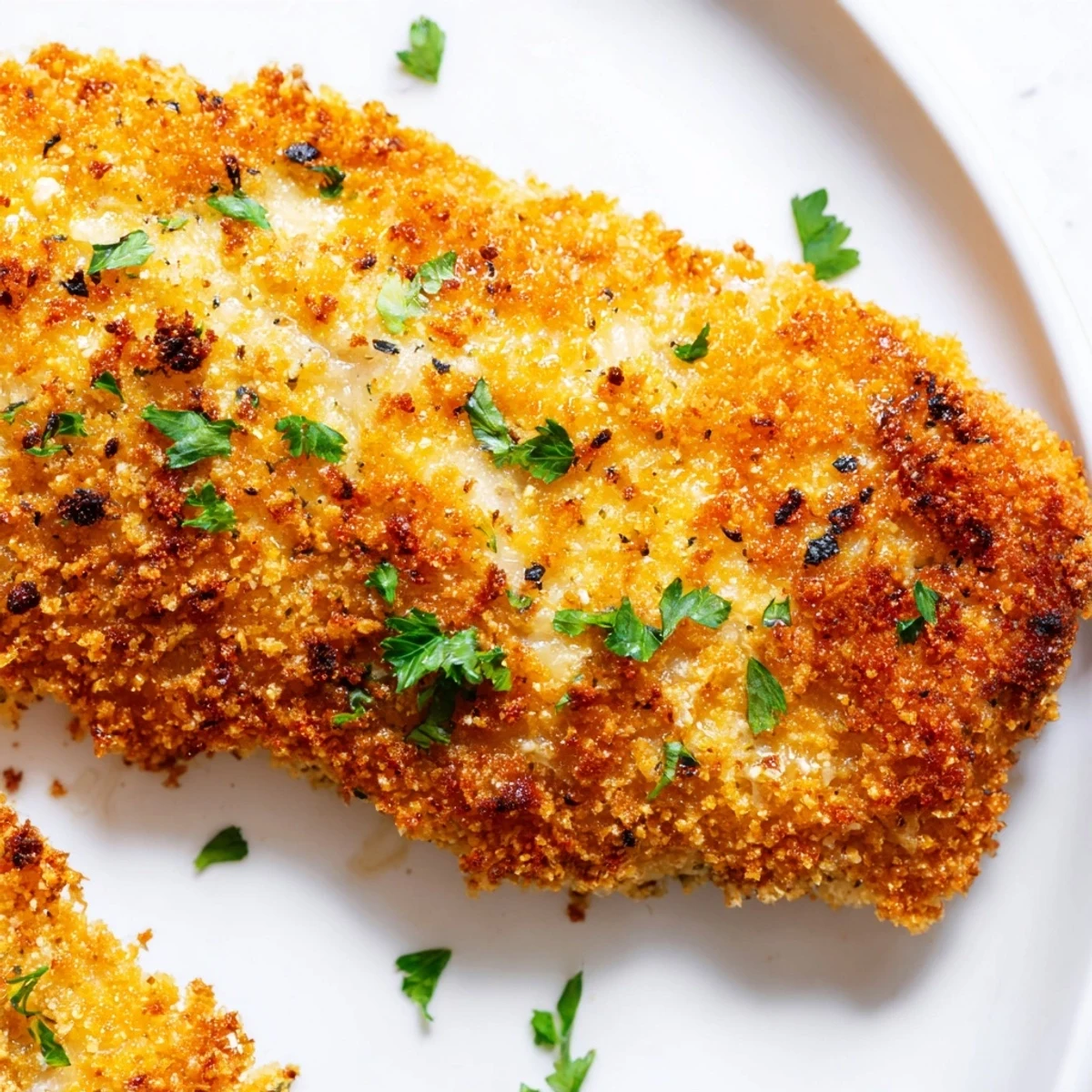 Golden-brown Roasted Garlic Parmesan Chicken breasts with a crispy, herb-flecked crust and melted cheese.  