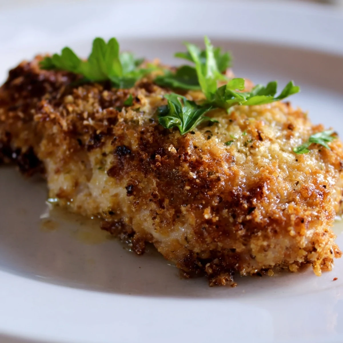 A close-up view of juicy Roasted Garlic Parmesan Chicken next to a crisp green salad for dinner.