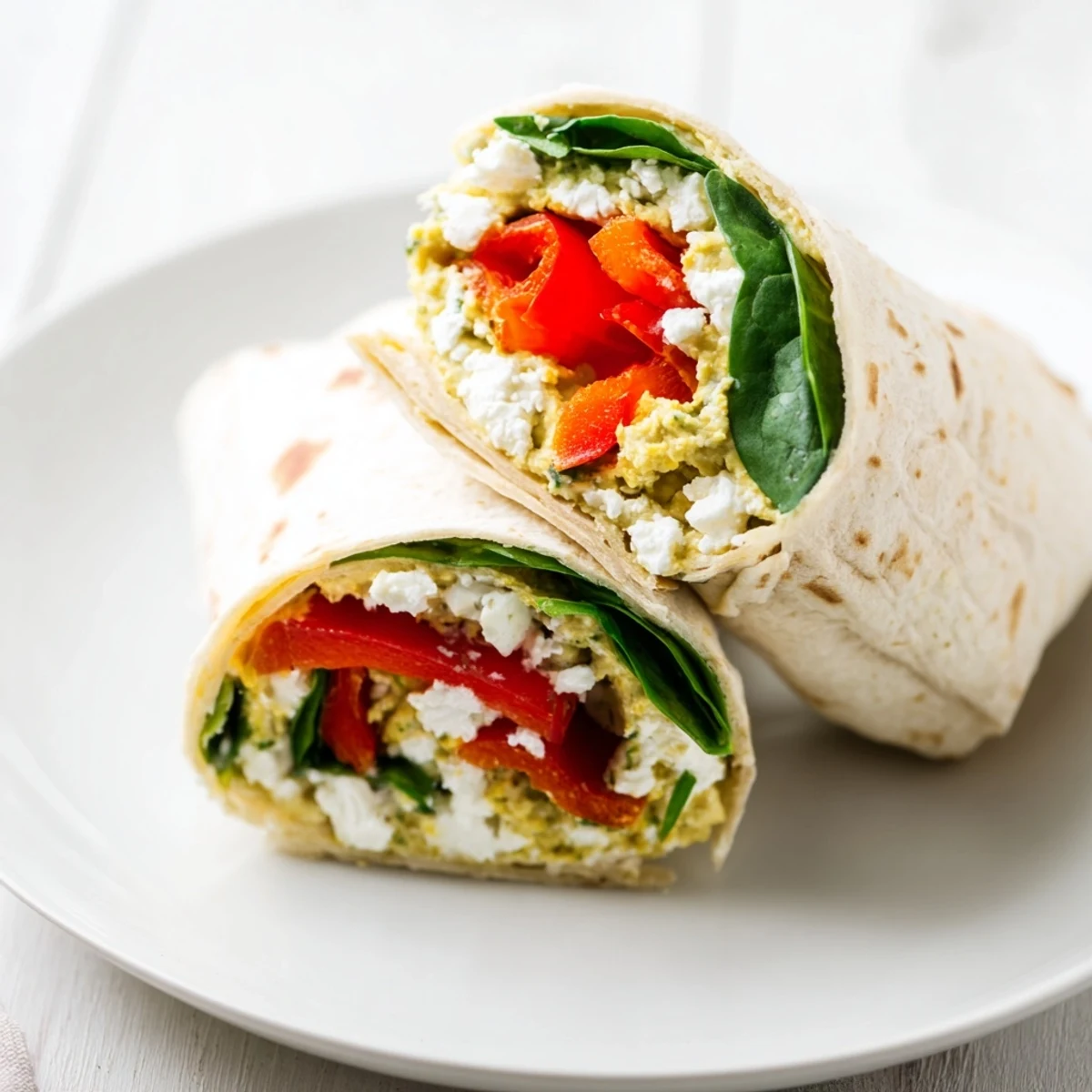 Fresh Mediterranean Veggie Wrap halves on a wooden board, creamy hummus and feta visible beside vibrant roasted red peppers and spinach.