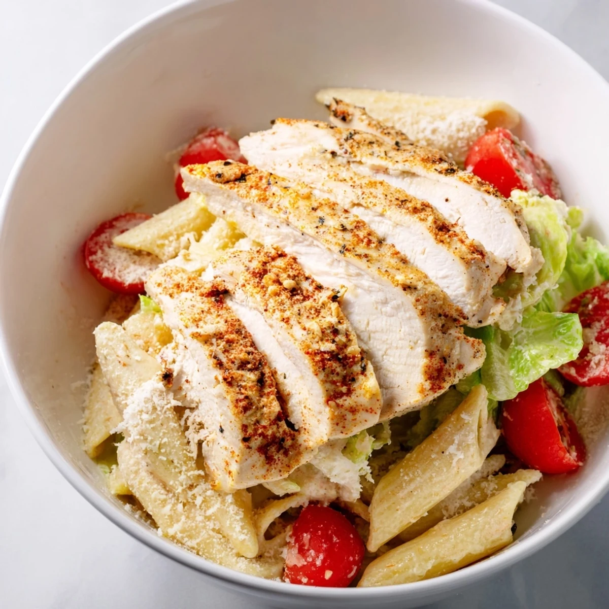 Steaming pasta twists with creamy Caesar dressing, topped with spicy grilled chicken, fresh romaine, and grated Parmesan.  
