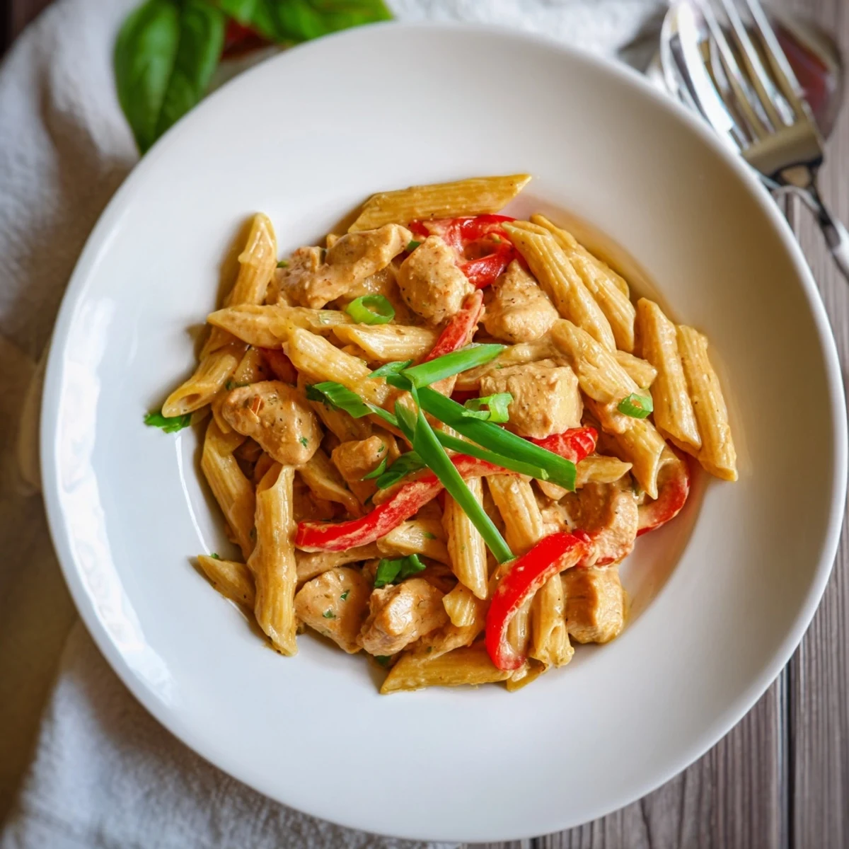 A close-up of Sweet Chili Chicken Pasta, featuring penne coated in creamy sauce with tender chicken and vibrant red bell pepper slices.