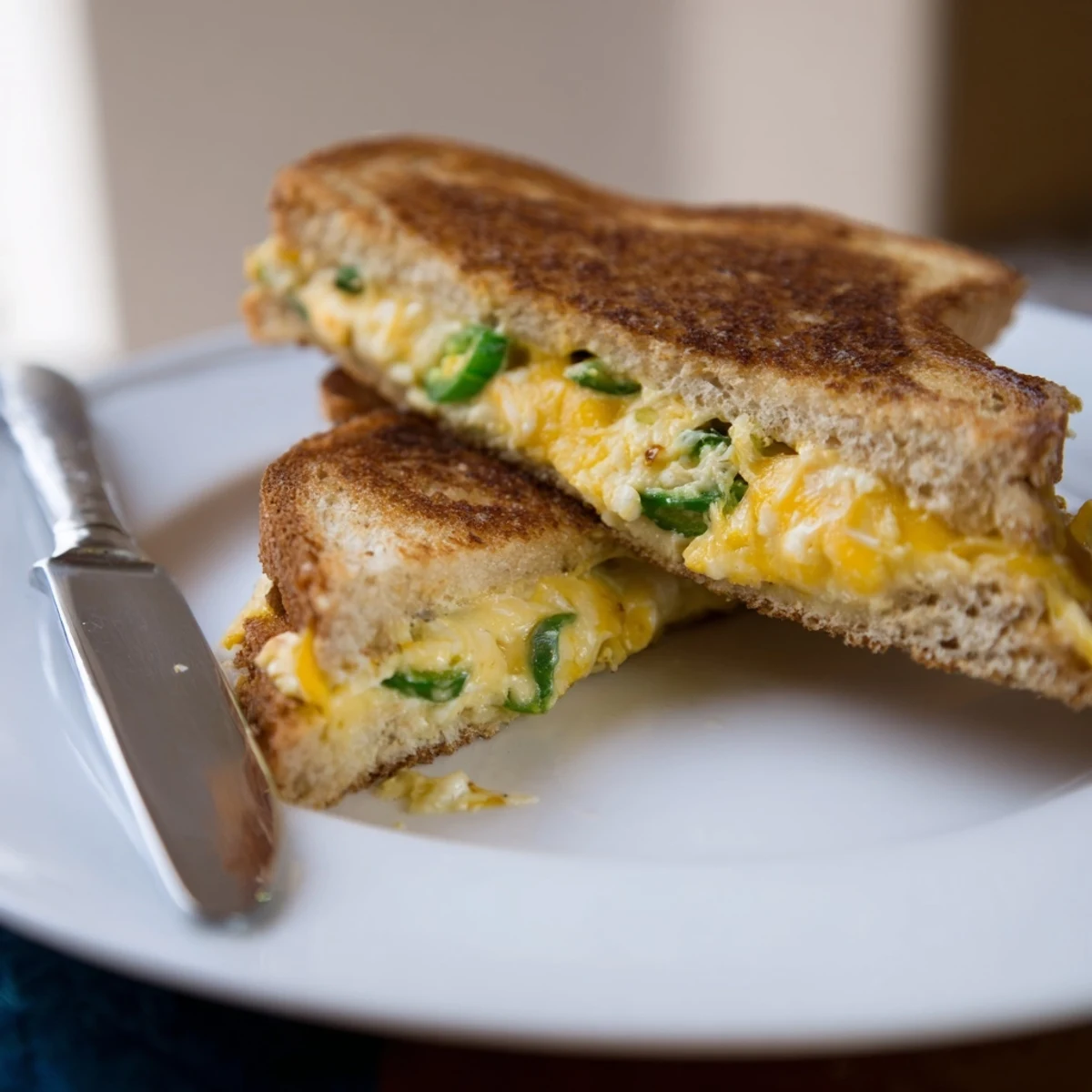 Golden-brown grilled cheese sandwiches filled with melted cheddar, cream cheese, and fresh jalapeños on a white plate.