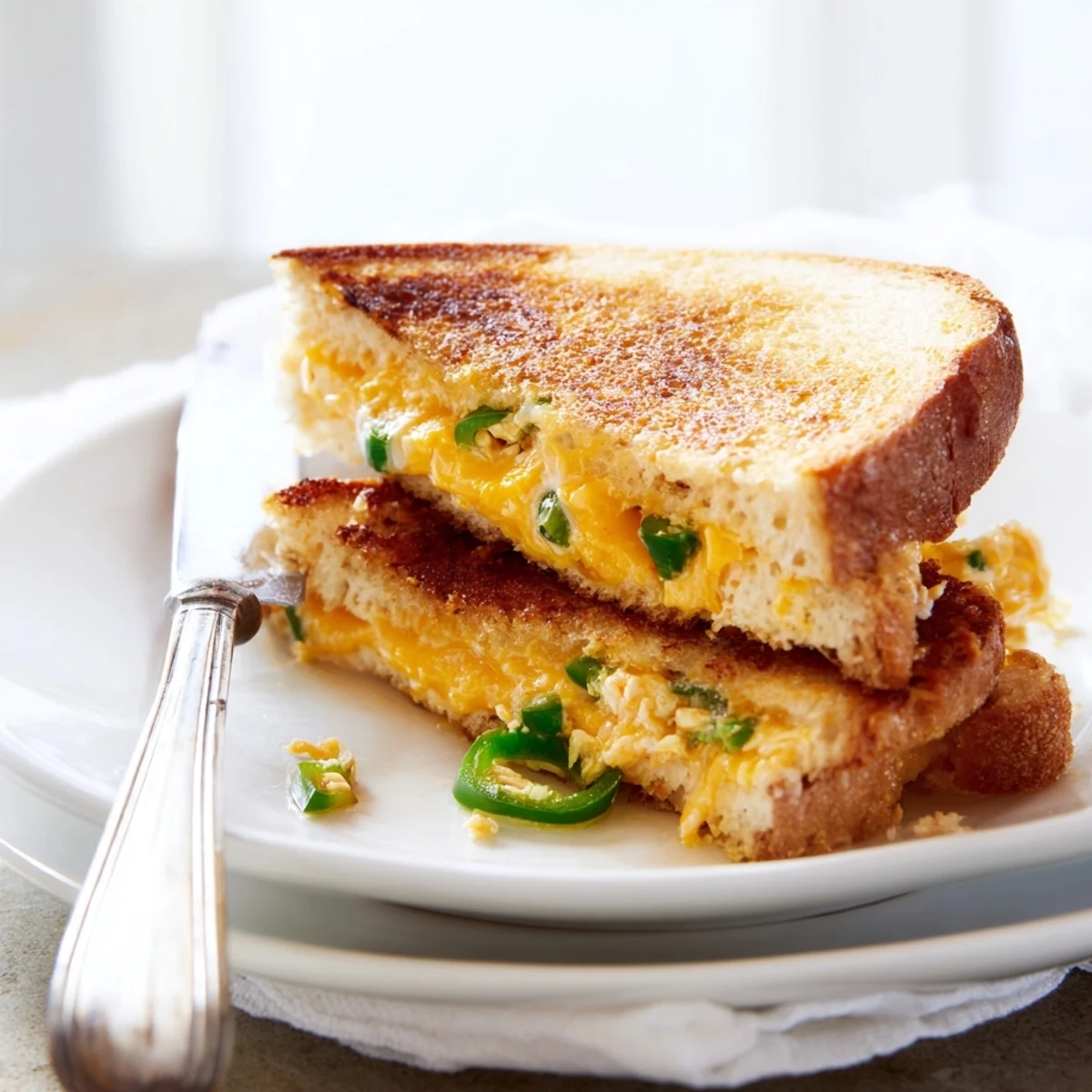 Homemade jalapeño popper grilled cheese with buttery sourdough, served beside a bowl of tomato soup for dipping.