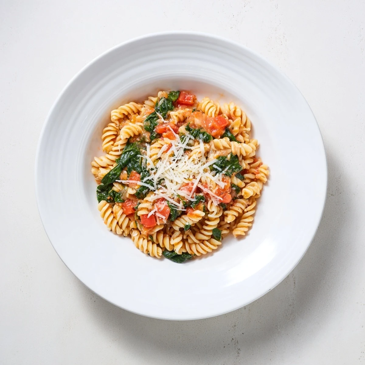 A single pot of Tomato Spinach One-Pot Rotini, with al dente pasta coated in a vibrant red tomato sauce and wilted green spinach leaves, steaming in a rustic bowl.