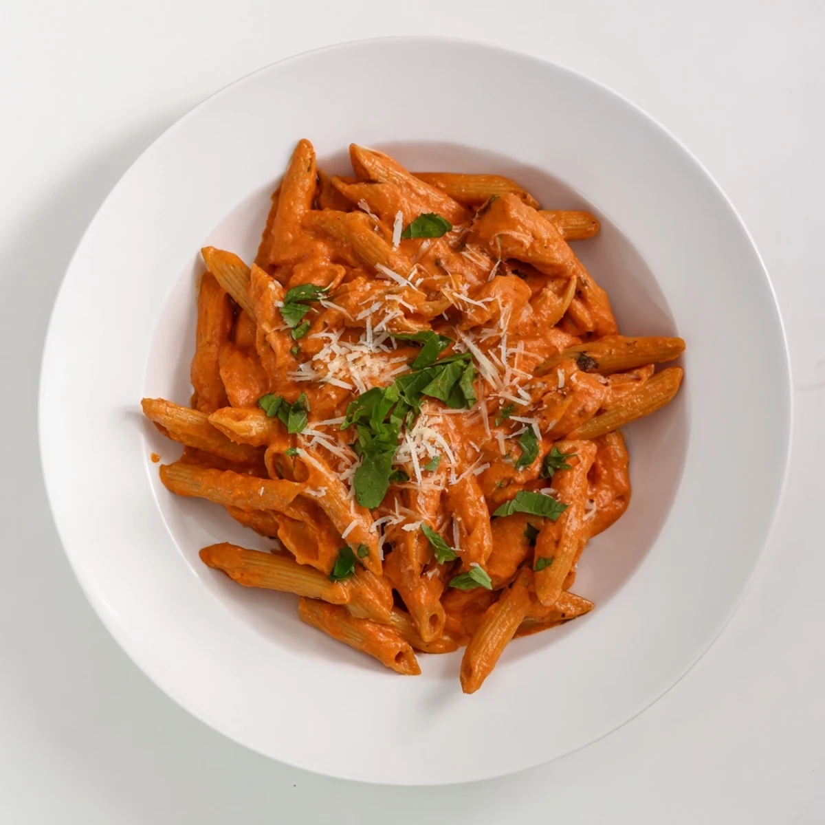 Creamy roasted red pepper pasta twirled on a fork, coated in a rich, velvety orange sauce flecked with basil.