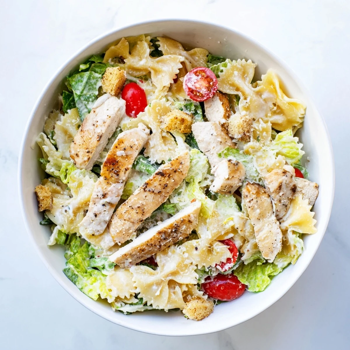 A close-up of the Caesar Pasta Chicken Bowl with grilled chicken strips atop rotini pasta, crisp romaine, and creamy Caesar dressing.