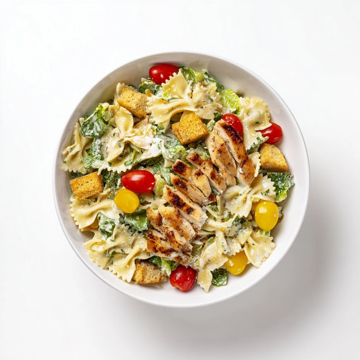 Sliced grilled chicken and al dente pasta mingle with fresh romaine and cherry tomatoes in this hearty Caesar Pasta Chicken Bowl.
