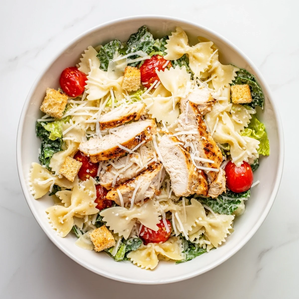 Serve this vibrant Caesar Pasta Chicken Bowl warm or chilled, topped with crunchy croutons and freshly grated Parmesan cheese.