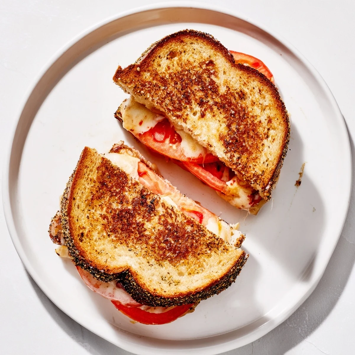 A close-up of Pepper Jack & Tomato Grilled Cheese slices on a plate, showing melted cheese and tomato, paired with a cup of tomato soup.  