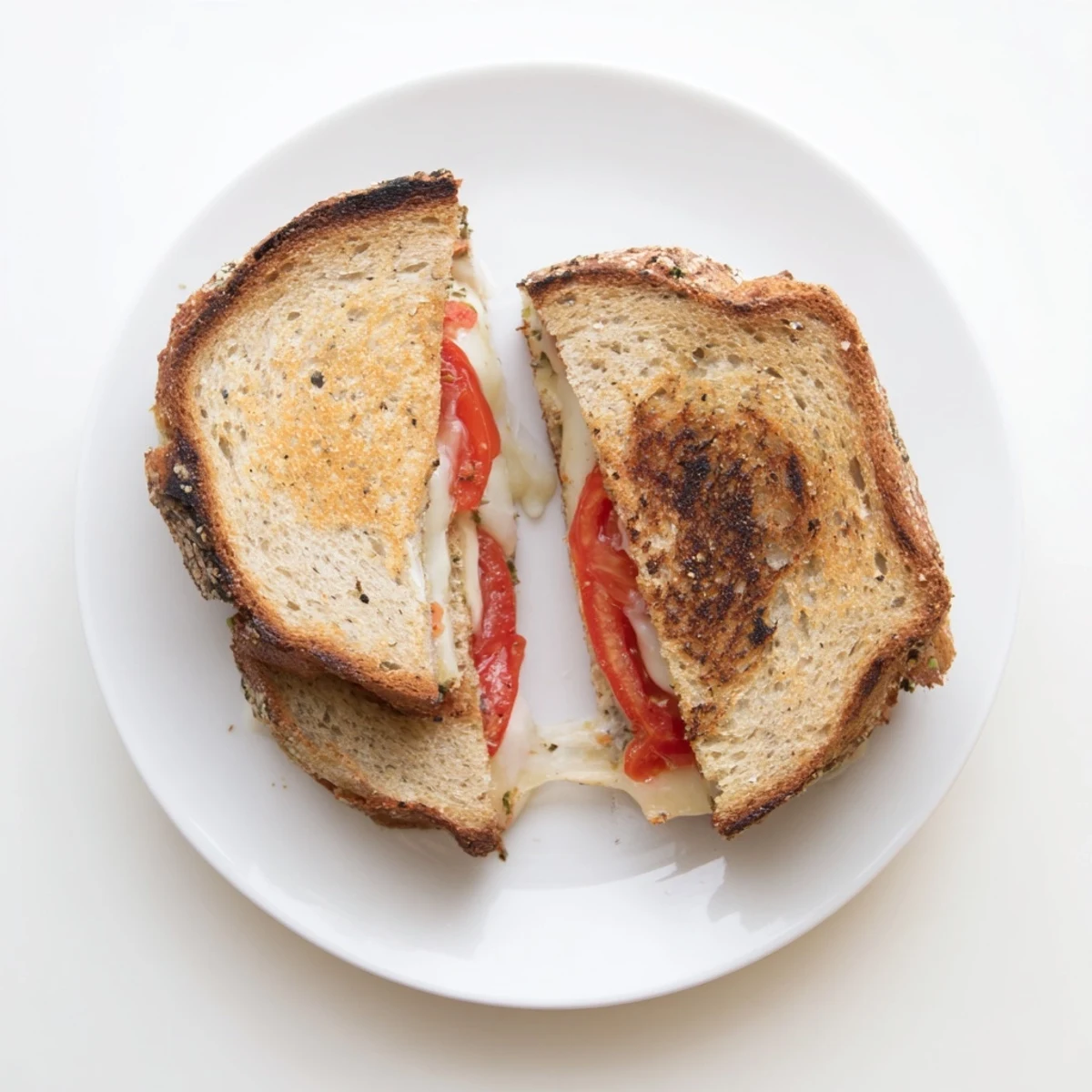 Freshly made Pepper Jack & Tomato Grilled Cheese on a wooden cutting board, golden-brown bread with pepper jack cheese and ripe tomato slices.  