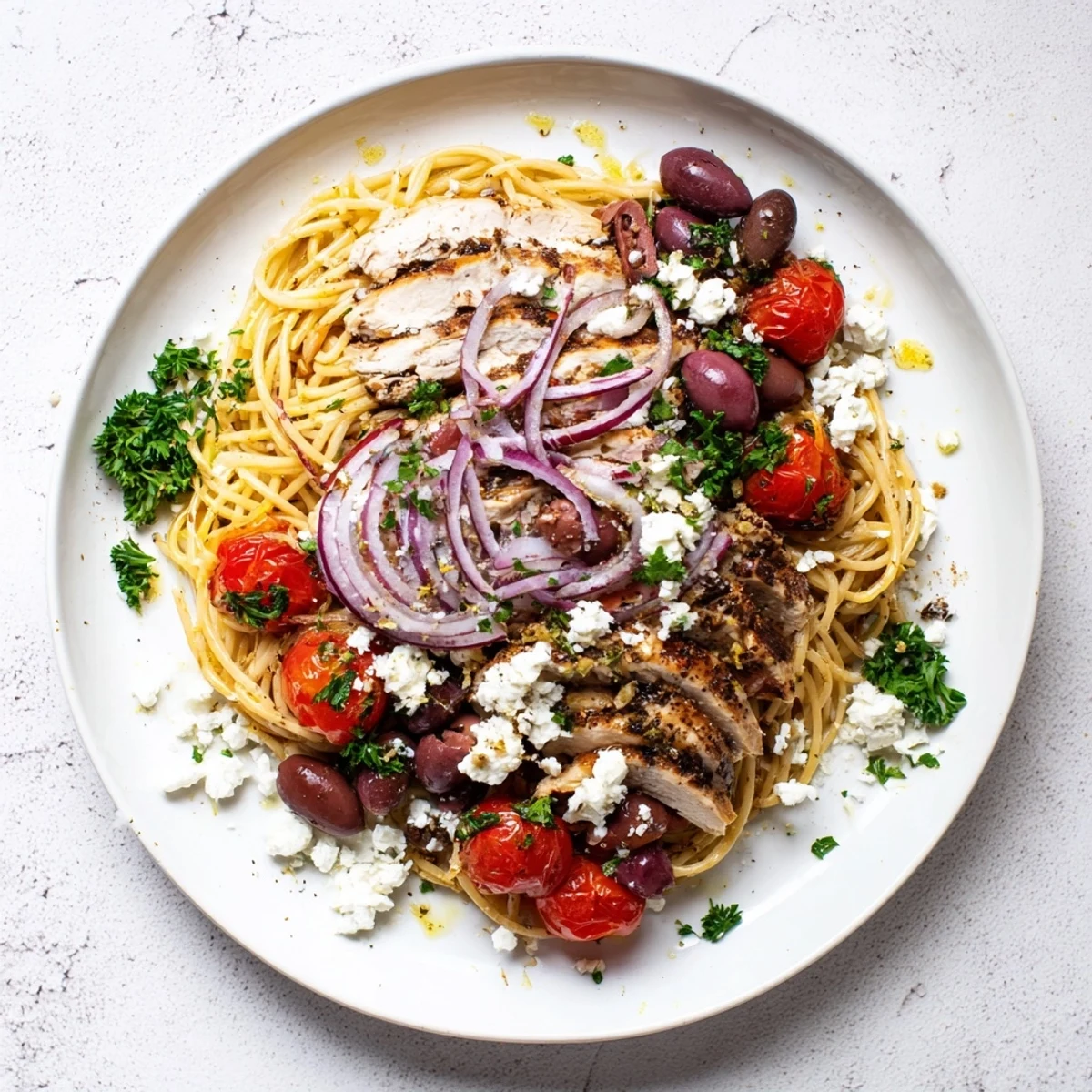 Hearty Greek Chicken Spaghetti with crumbled feta, fresh parsley, and a zesty lemon-olive oil dressing.  